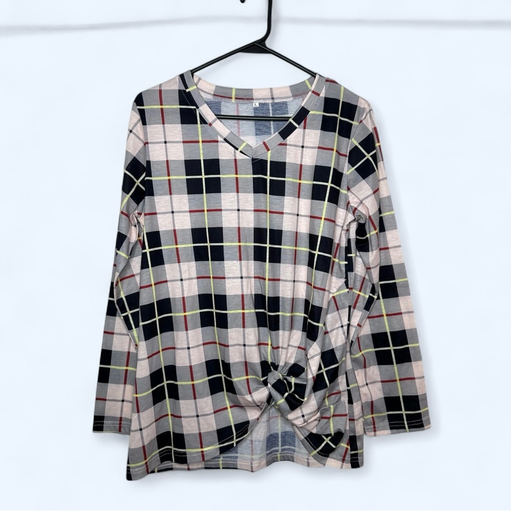 Plaid V-Neck Long Sleeve Twist Knot Top Gray/Black/Yellow/Red/Cream Size Large